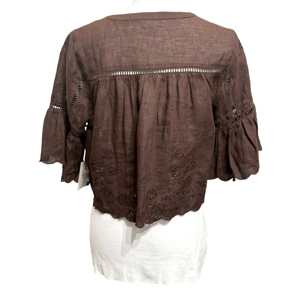 Tularosa Sherri Embroidered 100% linen Blouse in Chocolate Brown REVOLVE Sz S - Picture 4 of 8
